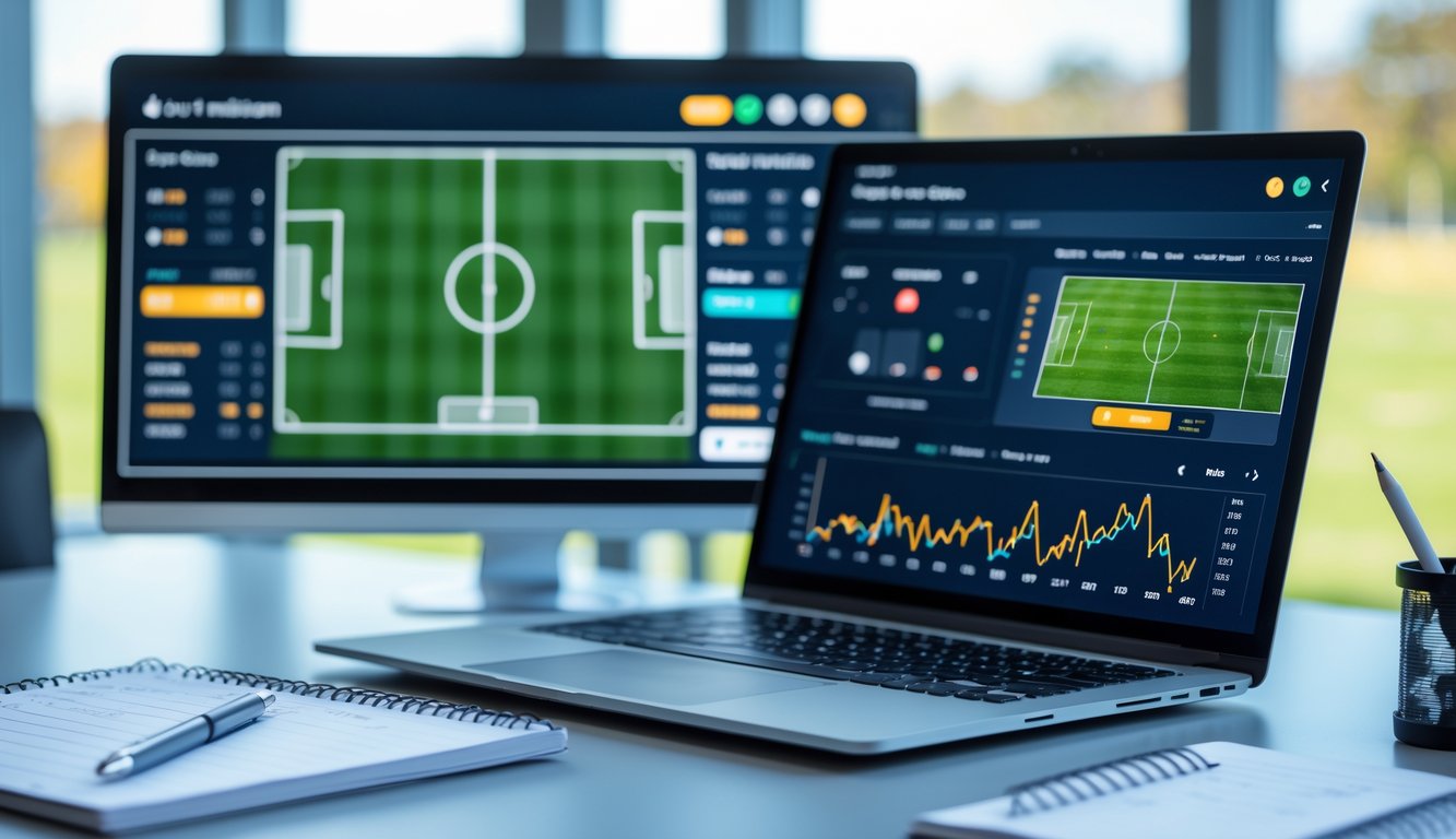 Seorang analis duduk di depan laptop dengan data statistik sepak bola dan layar besar menampilkan pertandingan sepak bola sedang berlangsung.