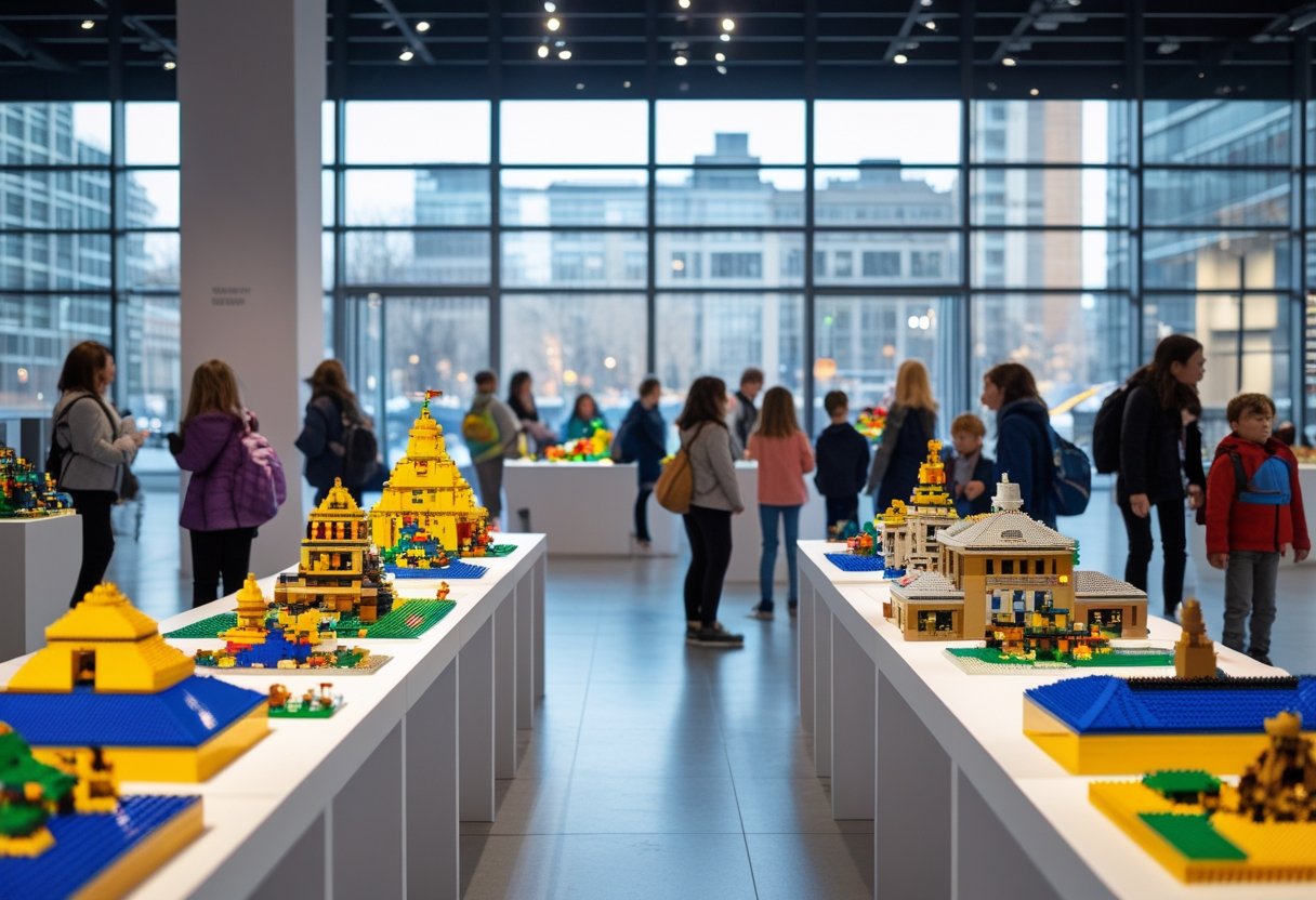 Une exposition de modèles LEGO colorés dans une galerie avec des visiteurs qui les admirent à Montréal.