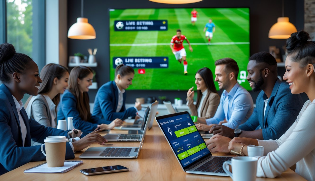 Beberapa orang menggunakan perangkat digital untuk bertaruh secara langsung pada pertandingan sepak bola yang sedang berlangsung.