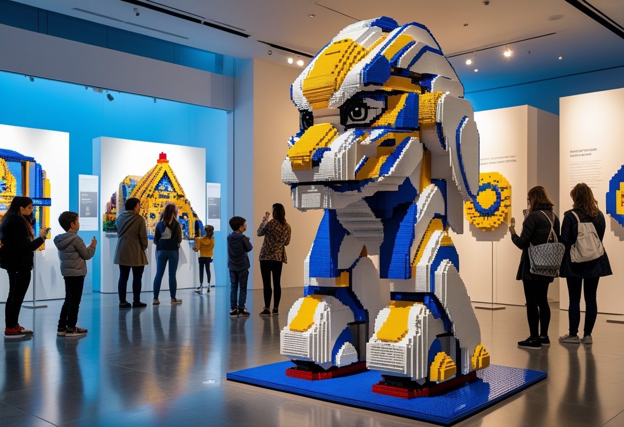 Des visiteurs admirent une grande sculpture en LEGO exposée dans une galerie lumineuse à Montréal.