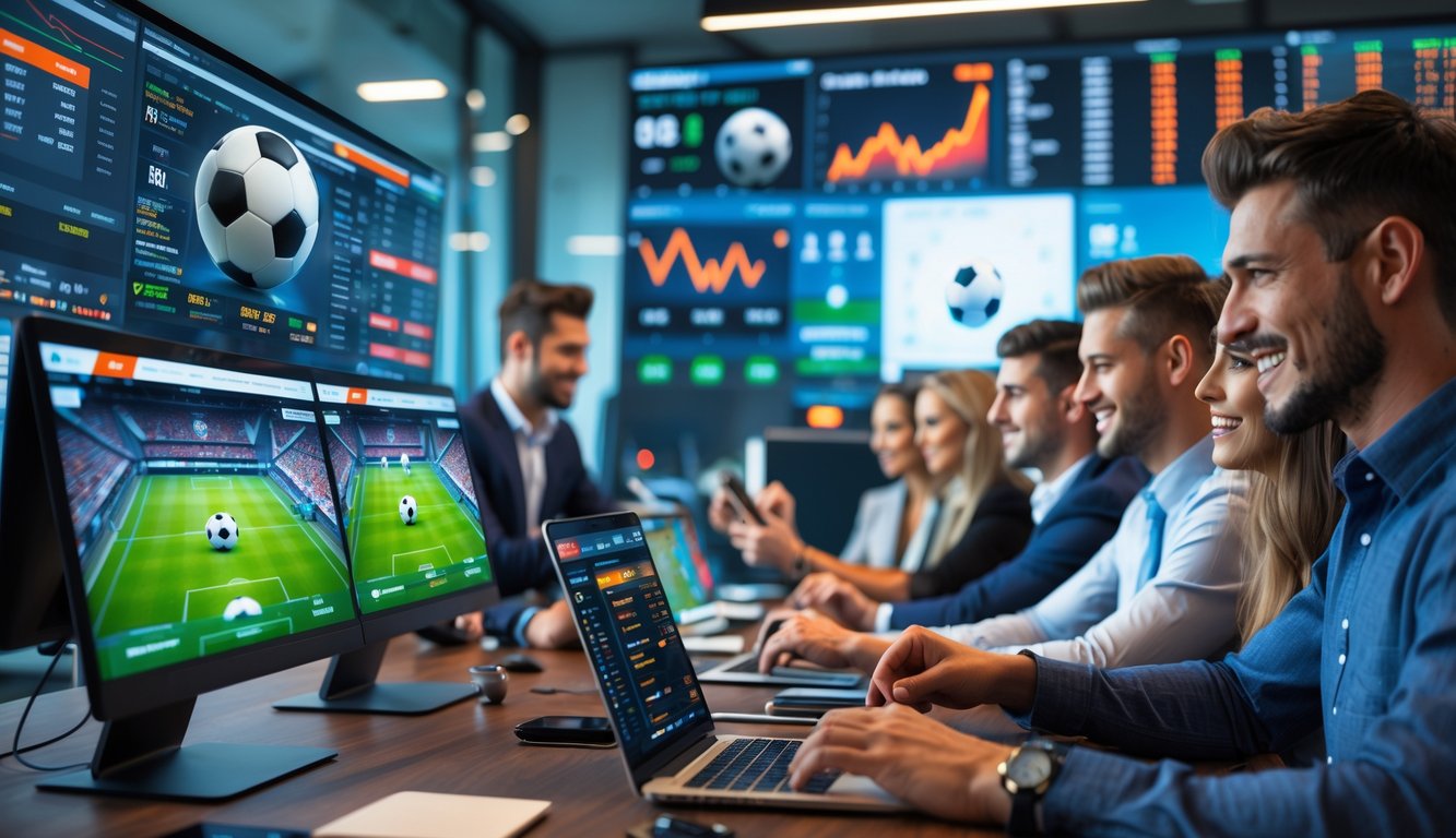 Orang-orang muda sedang menggunakan komputer dan ponsel untuk memasang taruhan sepak bola secara online di ruang kerja yang modern.