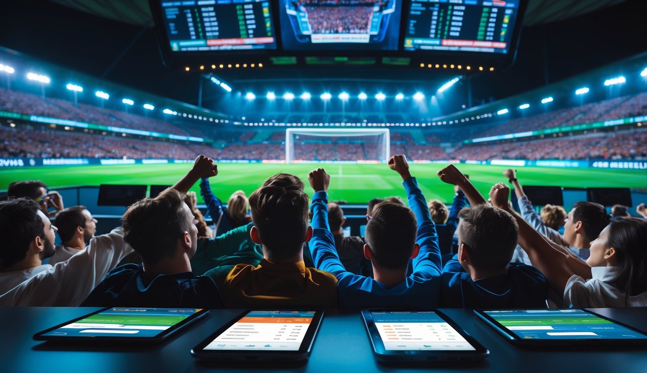 Beberapa orang menonton pertandingan sepak bola di stadion besar sambil menggunakan perangkat digital untuk taruhan.