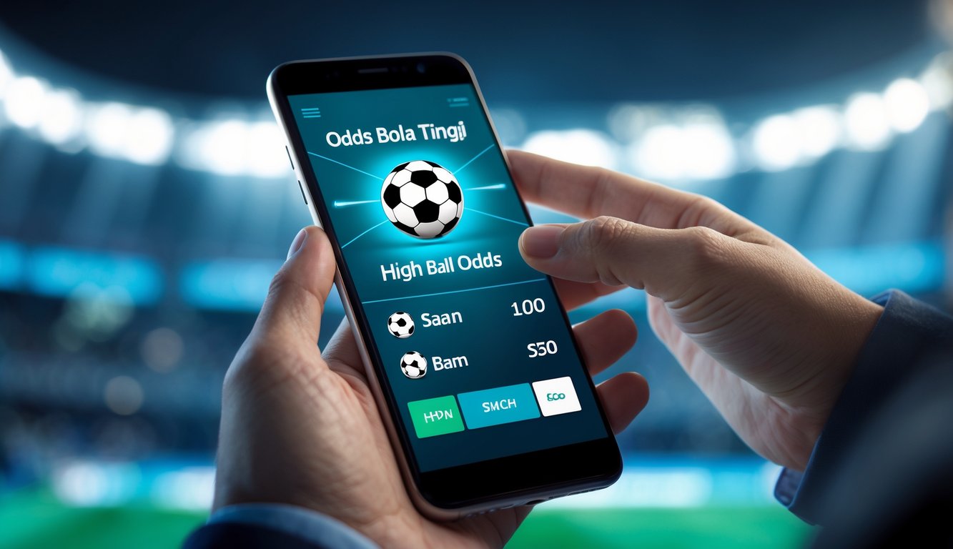 Tangan memegang ponsel dengan layar menampilkan odds tinggi untuk pertandingan sepak bola, latar belakang stadion olahraga kabur.