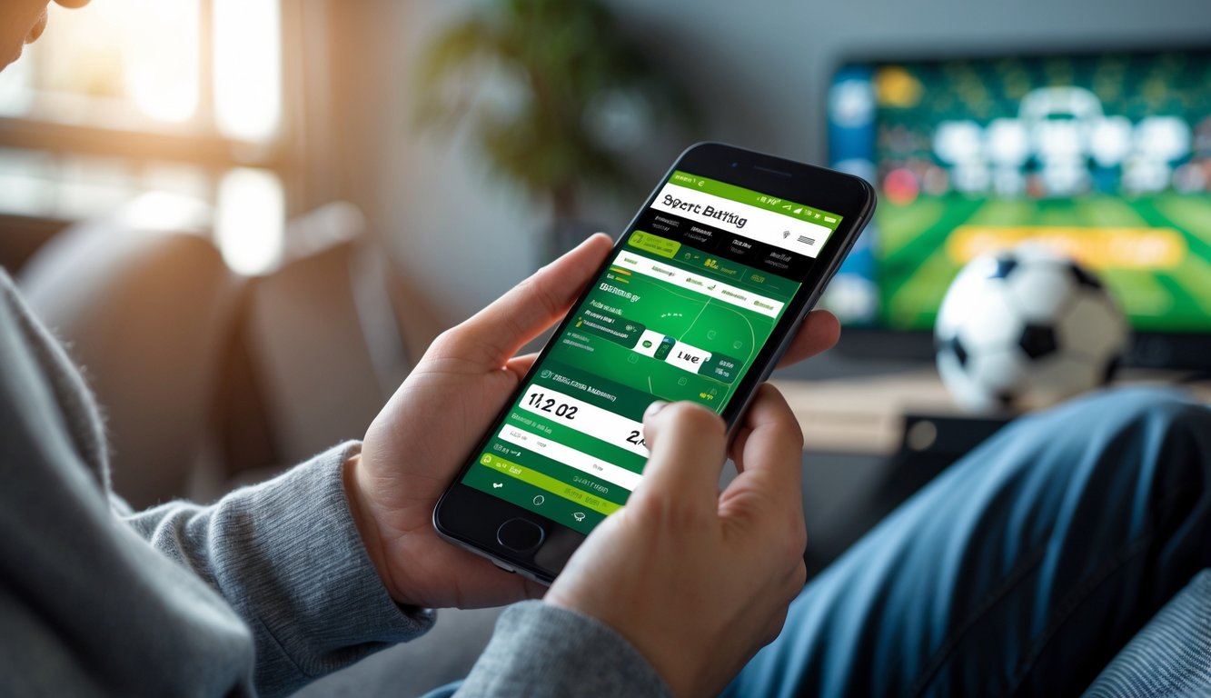 Seseorang menggunakan ponsel untuk memasang taruhan bola secara online di dalam ruangan yang nyaman dengan latar belakang bertema sepak bola.