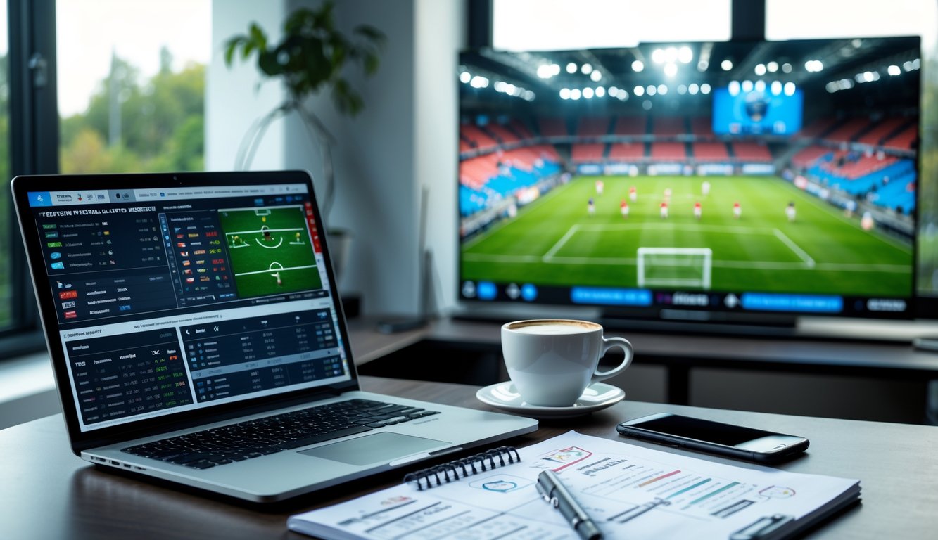 Meja kerja dengan laptop menampilkan statistik sepak bola, catatan strategi, dan layar besar yang menayangkan pertandingan sepak bola langsung.