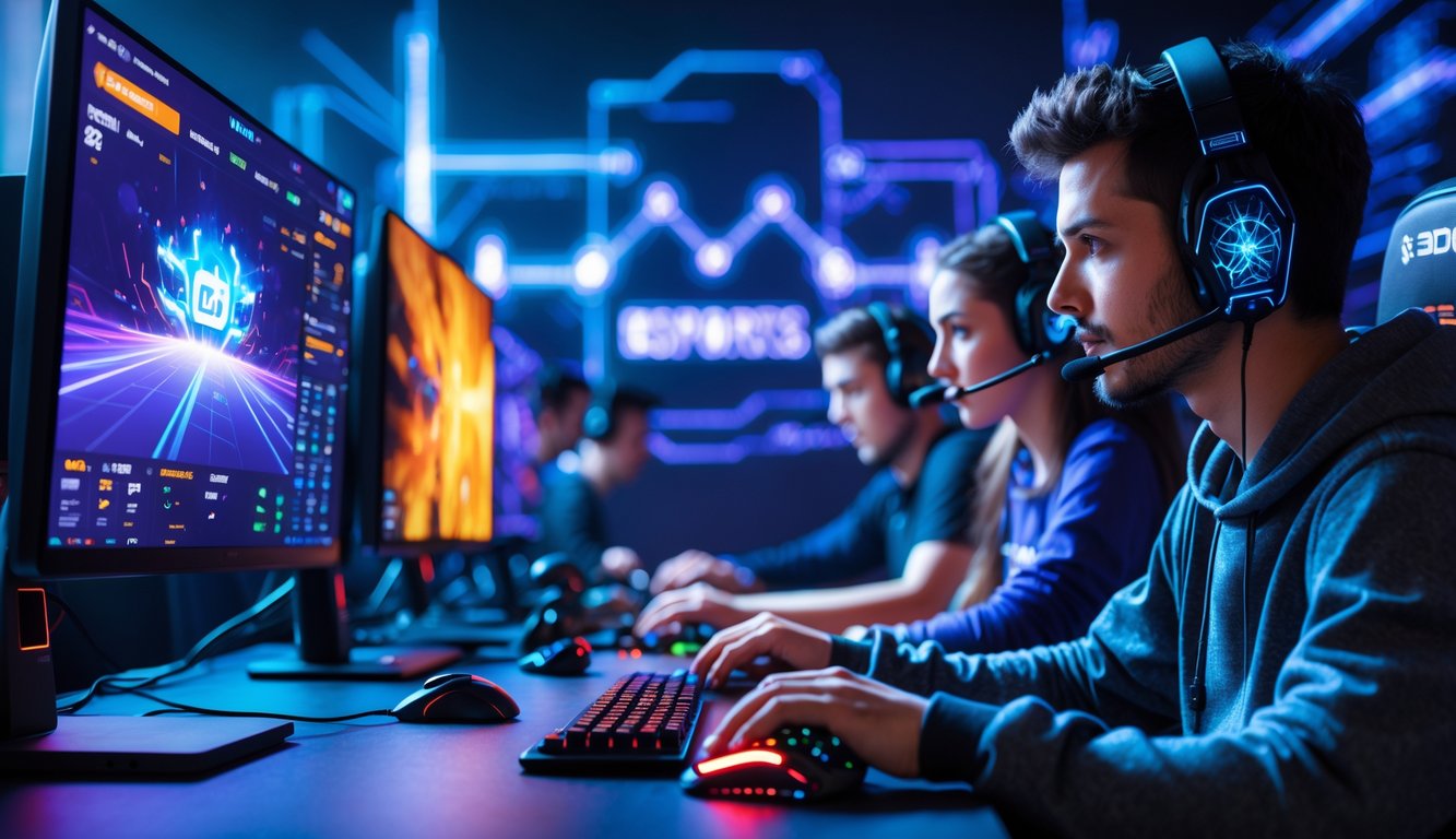 Beberapa orang muda sedang bermain game esports dengan peralatan gaming modern di sebuah ruangan yang terang dan futuristik.