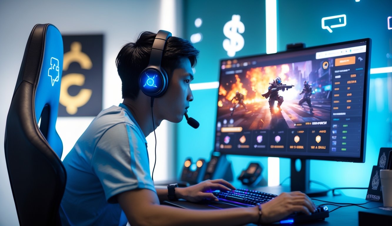 Seorang pria muda Indonesia sedang fokus bermain game esports di depan komputer dengan suasana ruang modern dan elemen digital yang menggambarkan taruhan online.