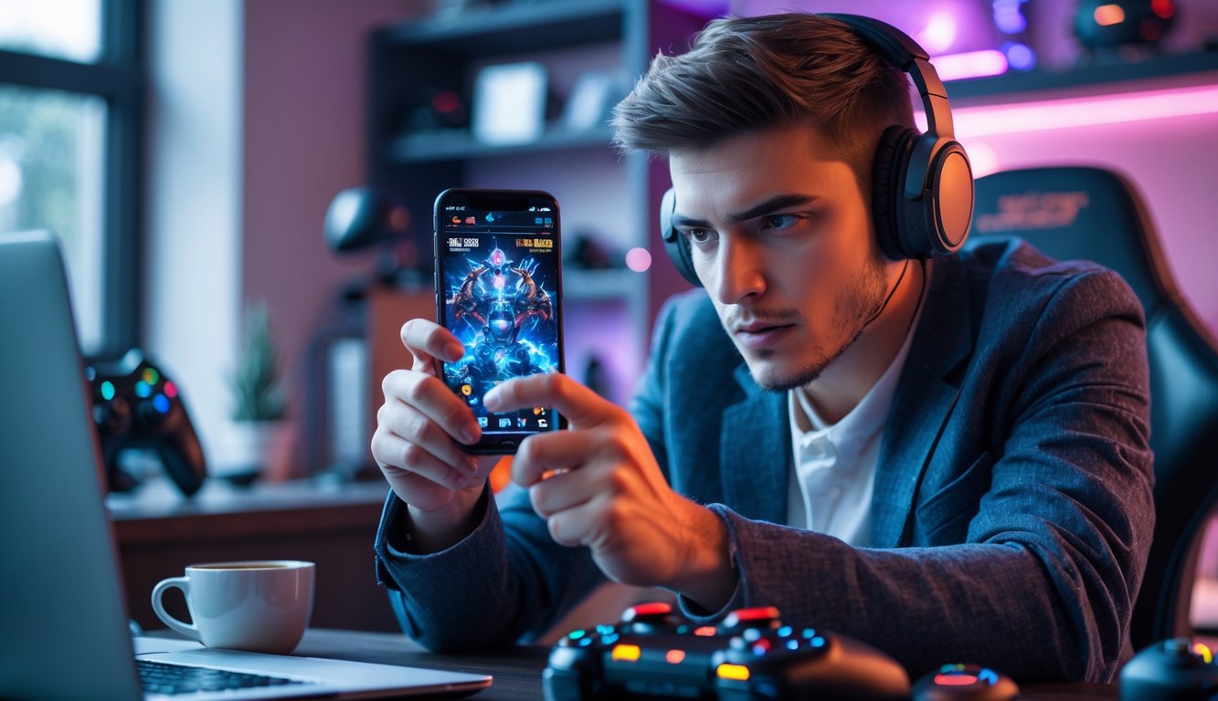 Seorang dewasa muda sedang fokus bermain game di ponsel di ruangan yang nyaman dengan peralatan gaming di sekitar.