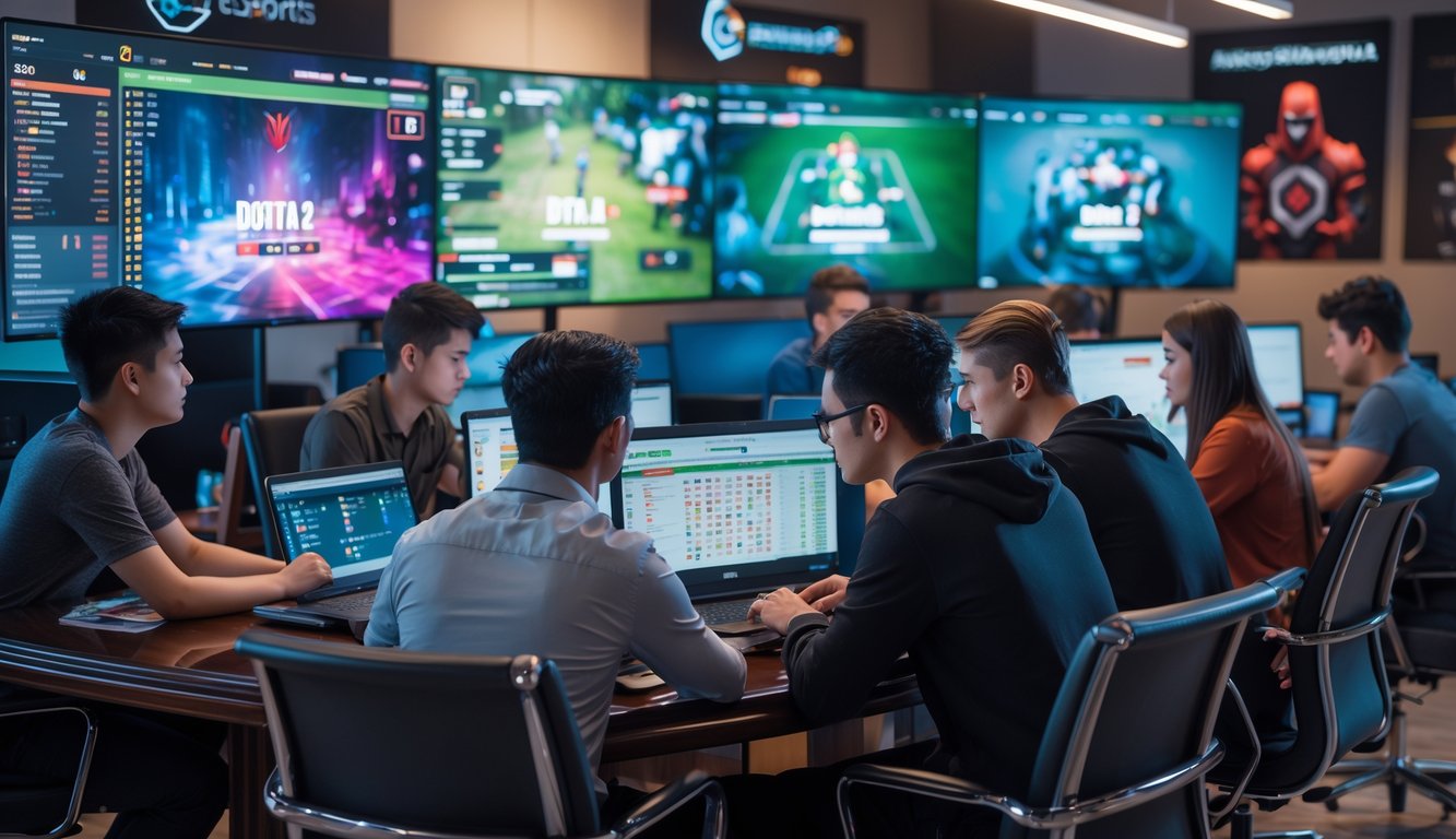 Sekelompok orang muda sedang fokus menggunakan komputer dan tablet untuk melihat pertandingan dan statistik Dota 2 di sebuah ruangan modern.