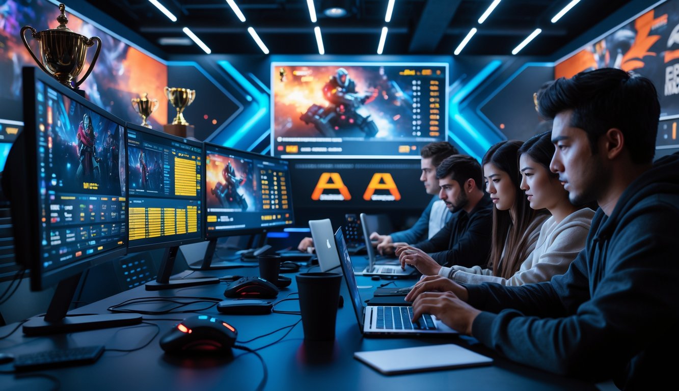 Sekelompok orang muda sedang menggunakan komputer dan ponsel untuk bertaruh pada permainan esports dengan tampilan layar yang menunjukkan pertandingan dan statistik.