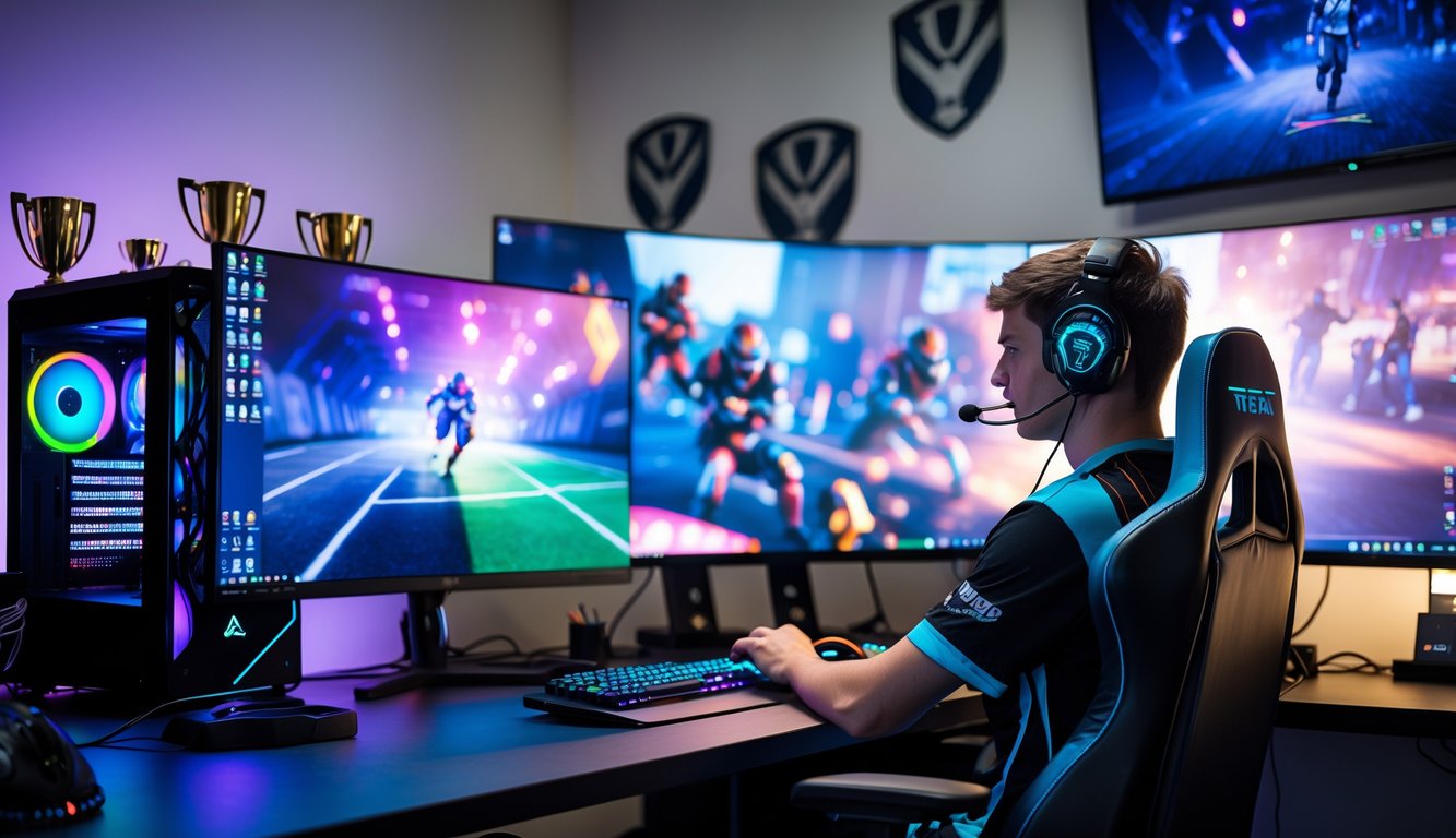 Seorang pemain esports profesional duduk di depan komputer dengan beberapa monitor menampilkan permainan esports, di ruangan modern yang terang dan rapi.