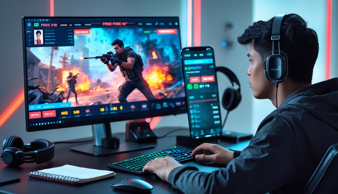 Seorang pria muda duduk di meja dengan komputer yang menampilkan permainan Free Fire, fokus pada aktivitas taruhan online.