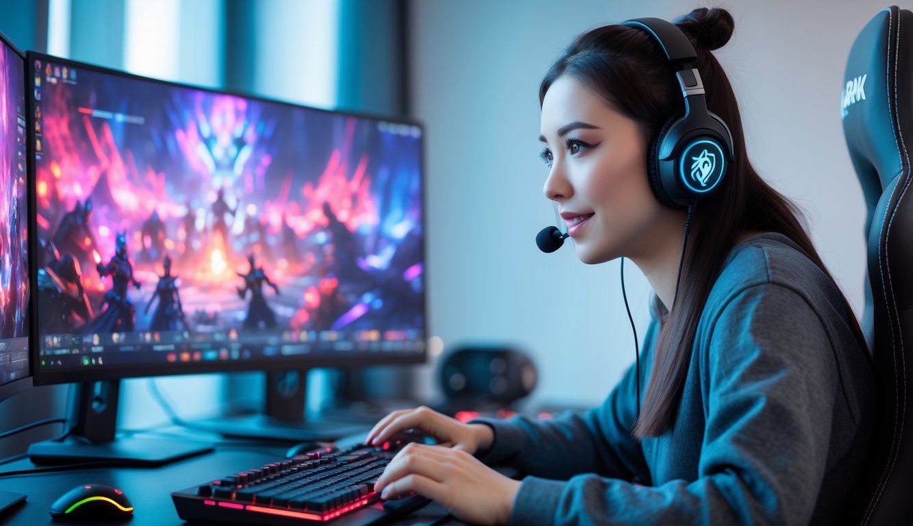 Seorang wanita muda sedang fokus bermain game online di depan komputer dengan headset di ruangan modern.