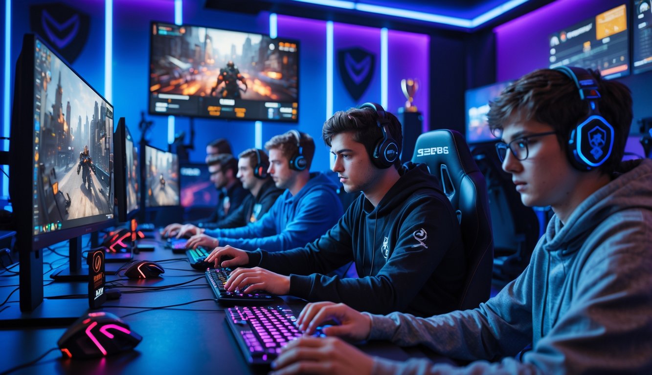 Sejumlah orang muda sedang bermain game esports di ruang gaming modern dengan pencahayaan LED dan peralatan gaming canggih.