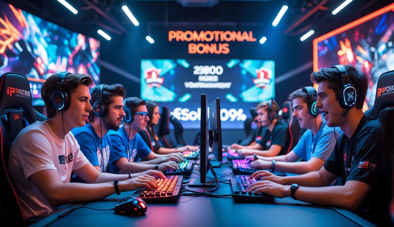 Sekelompok orang muda bermain game esports dengan peralatan gaming modern di arena dengan pencahayaan warna-warni dan layar besar.