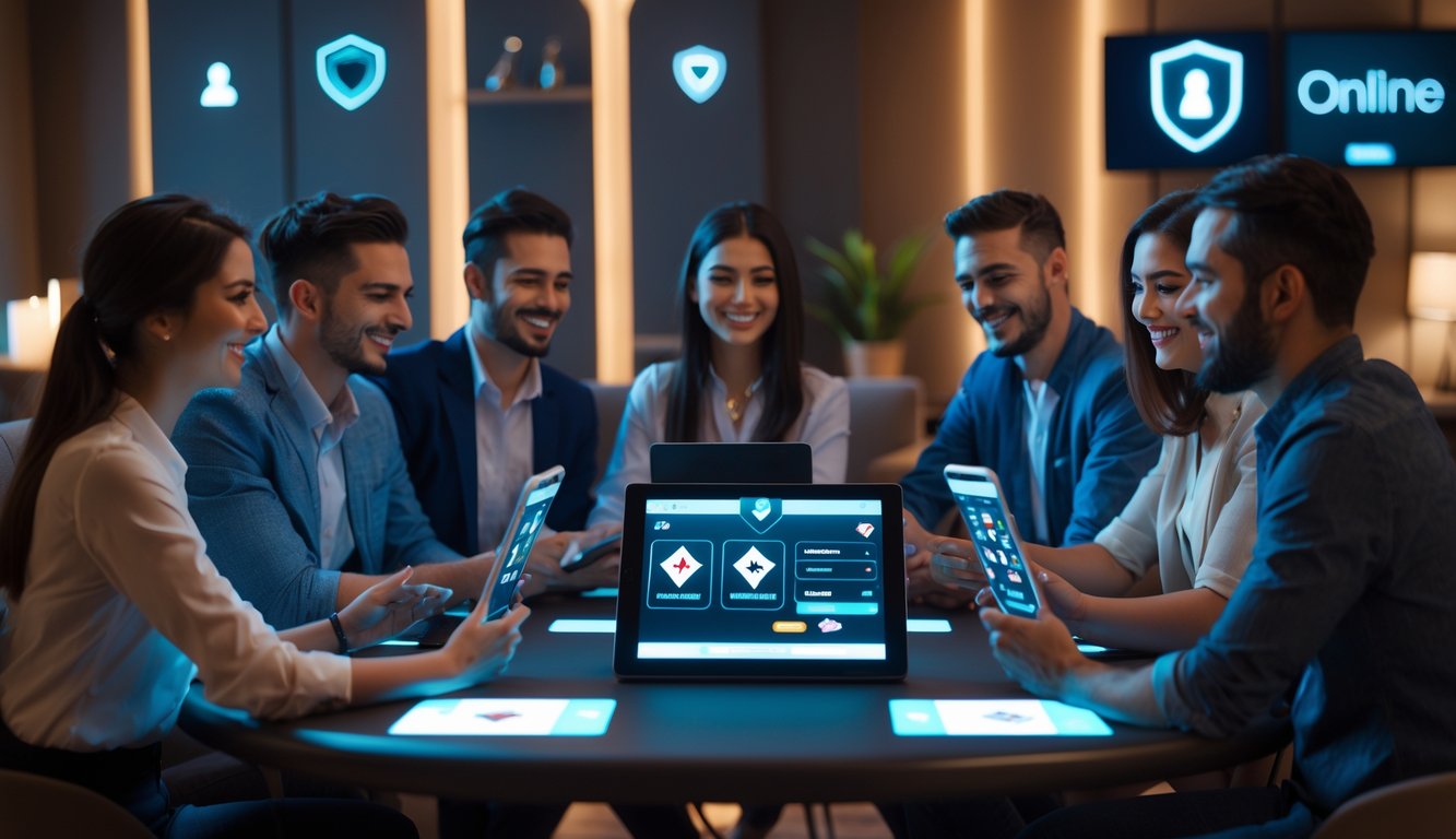 Sekelompok orang sedang bermain permainan kartu online di meja dengan perangkat digital dalam ruangan yang nyaman dan terang.