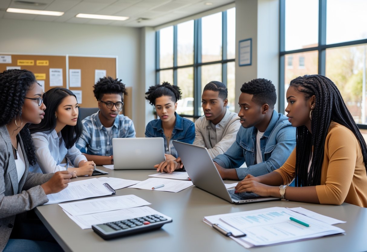 A diverse group of young adults sitting around a table on a college campus, reviewing documents and laptops while discussing financial aid and college applications.
