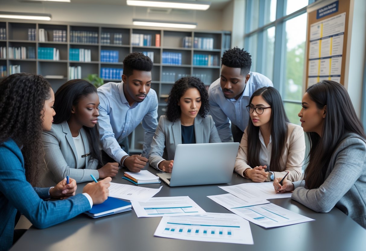 A group of college students meeting with an academic advisor in a university office, discussing financial aid and enrollment information.