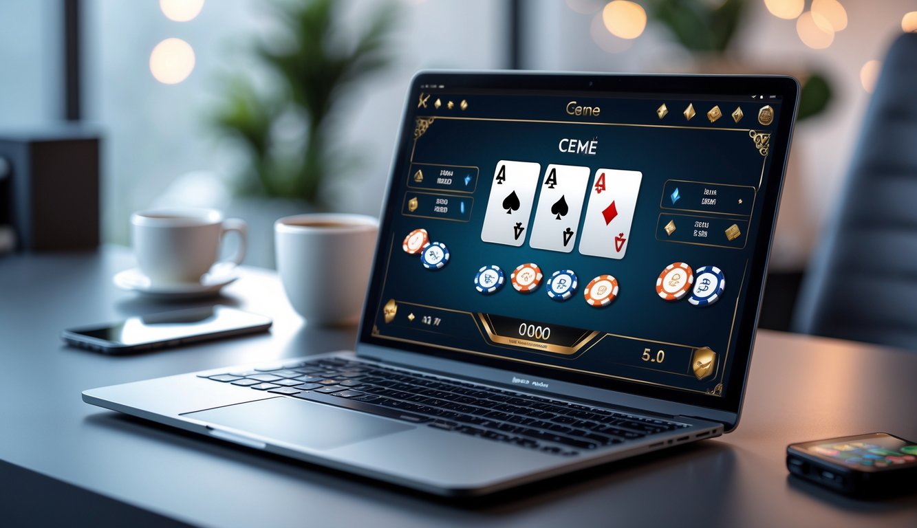 Seorang pemain menggunakan laptop untuk bermain permainan kartu online dengan suasana ruang kerja modern.