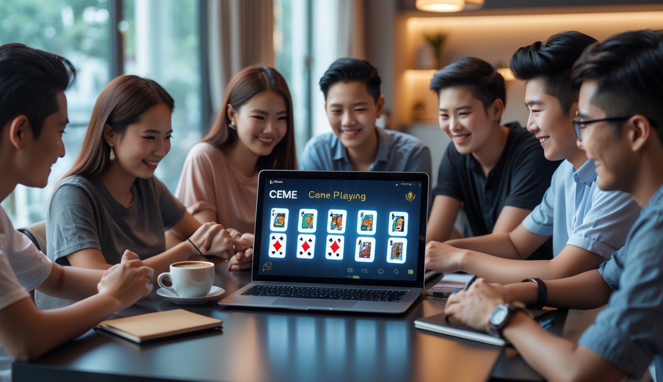 Beberapa orang muda sedang bermain permainan kartu secara online dengan laptop dan ponsel di meja di sebuah ruangan yang terang dan nyaman.