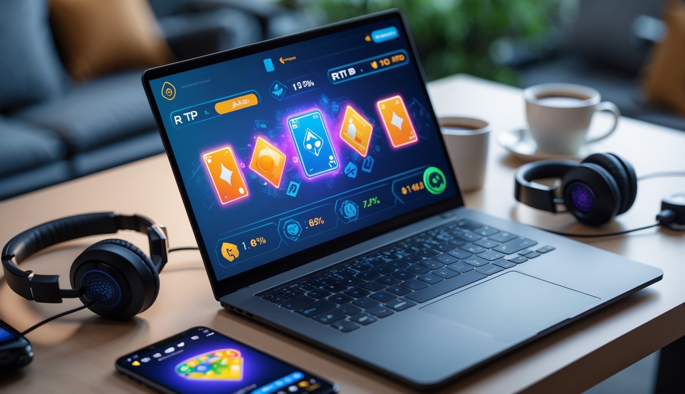 Seorang pemain sedang menggunakan laptop dengan tampilan permainan kartu digital di meja kerja modern.