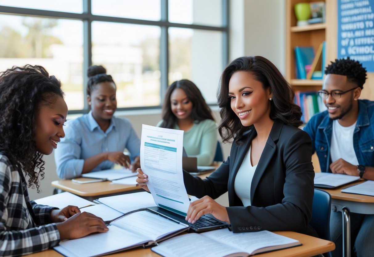 Adult students studying in a bright classroom, one woman reviewing documents at her desk with a laptop and notebooks.