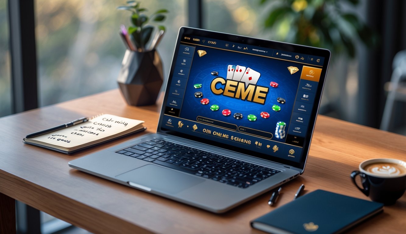 Seseorang sedang bermain permainan Ceme online di laptop dengan kartu dan chip, di meja terdapat buku catatan dan kopi.