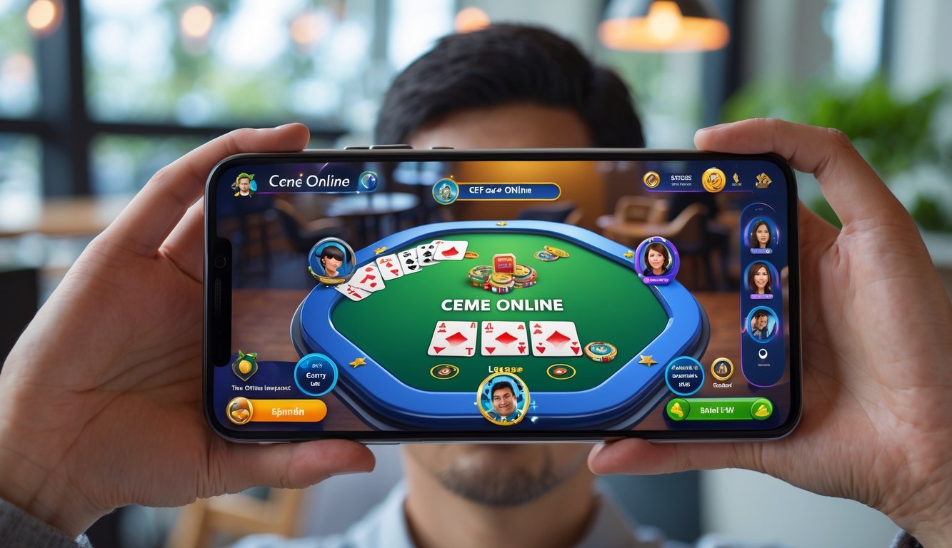 Seseorang memegang ponsel yang menampilkan permainan kartu online di layar.