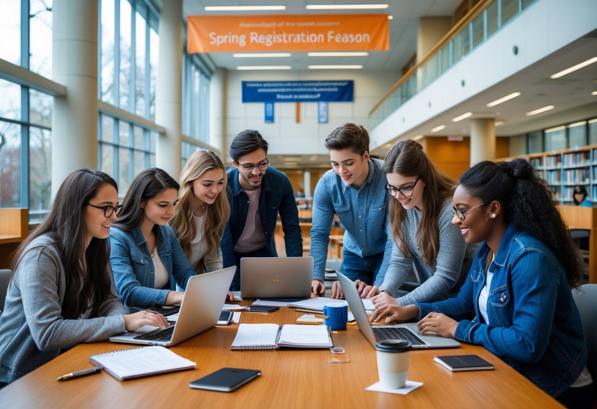 A group of college students working together at a table in a university library, looking at laptops and papers while discussing and planning.