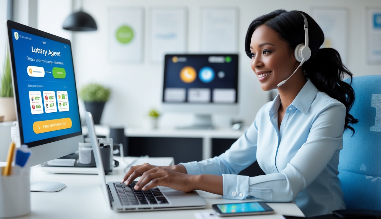 Seorang agen layanan online sedang duduk di meja dengan laptop, berinteraksi dengan pelanggan di lingkungan kantor yang rapi dan profesional.