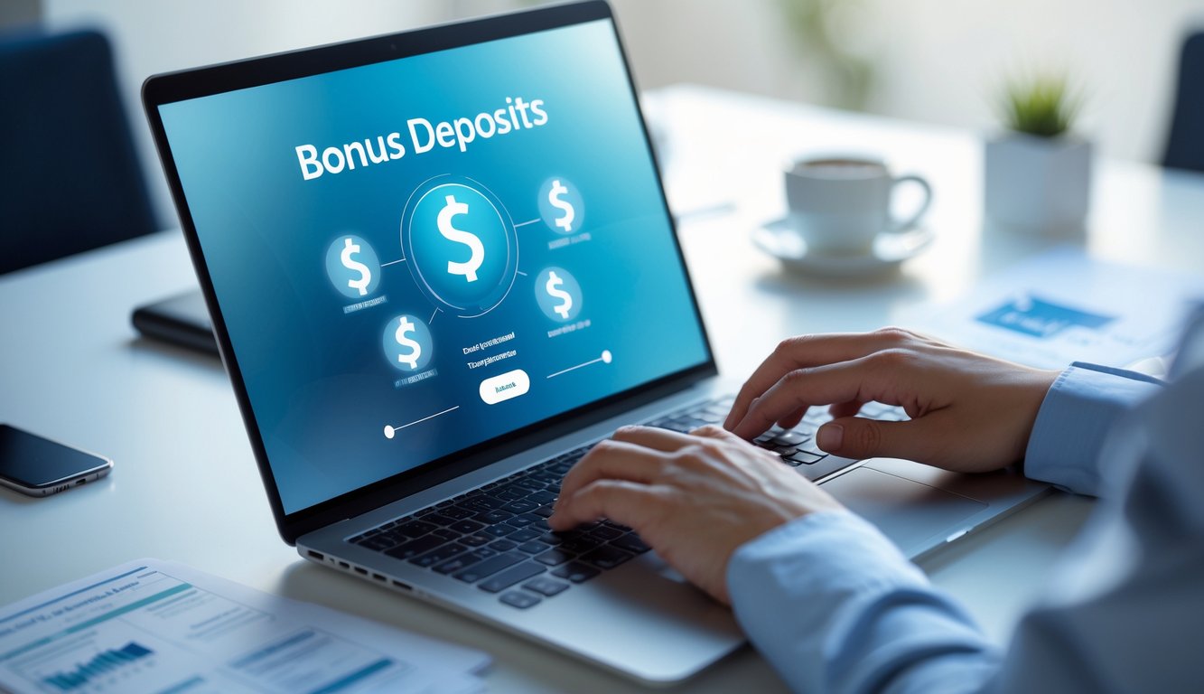 Seseorang menggunakan laptop di meja kerja dengan layar menampilkan antarmuka transaksi keuangan online.