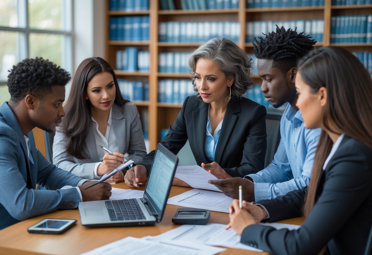A financial aid advisor discussing documents with two college students in a university office.