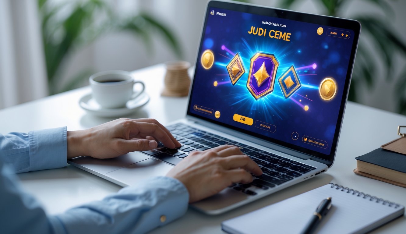 Seseorang menggunakan laptop dengan permainan kartu online Judi Ceme di layar, di meja kerja yang rapi dengan cangkir kopi dan alat tulis.