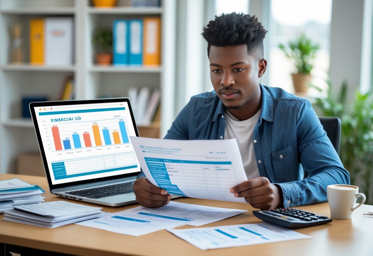 A student reviewing financial documents and a laptop at a desk in a bright room, focused on planning for financial aid.