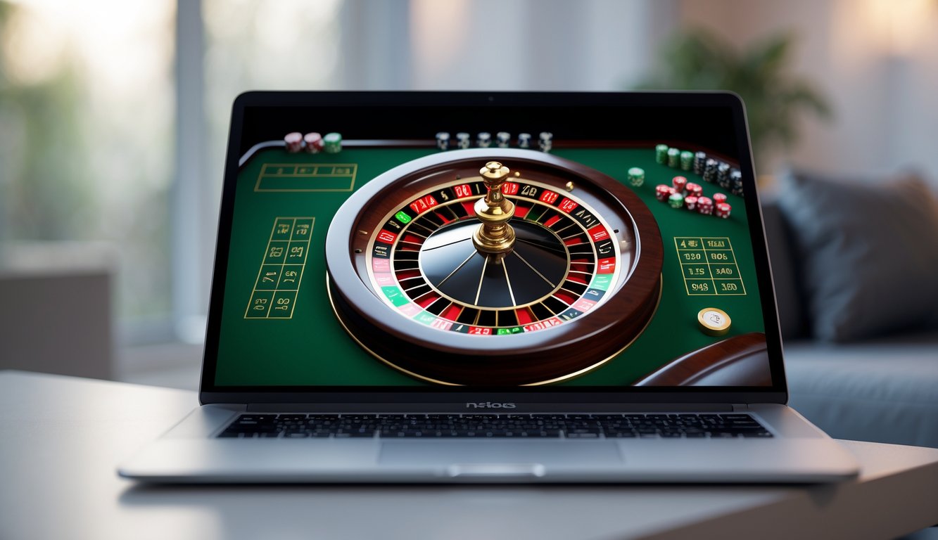 Sebuah meja dengan komputer menampilkan roda roulette digital yang berwarna merah, hitam, dan hijau dalam suasana ruangan yang nyaman.