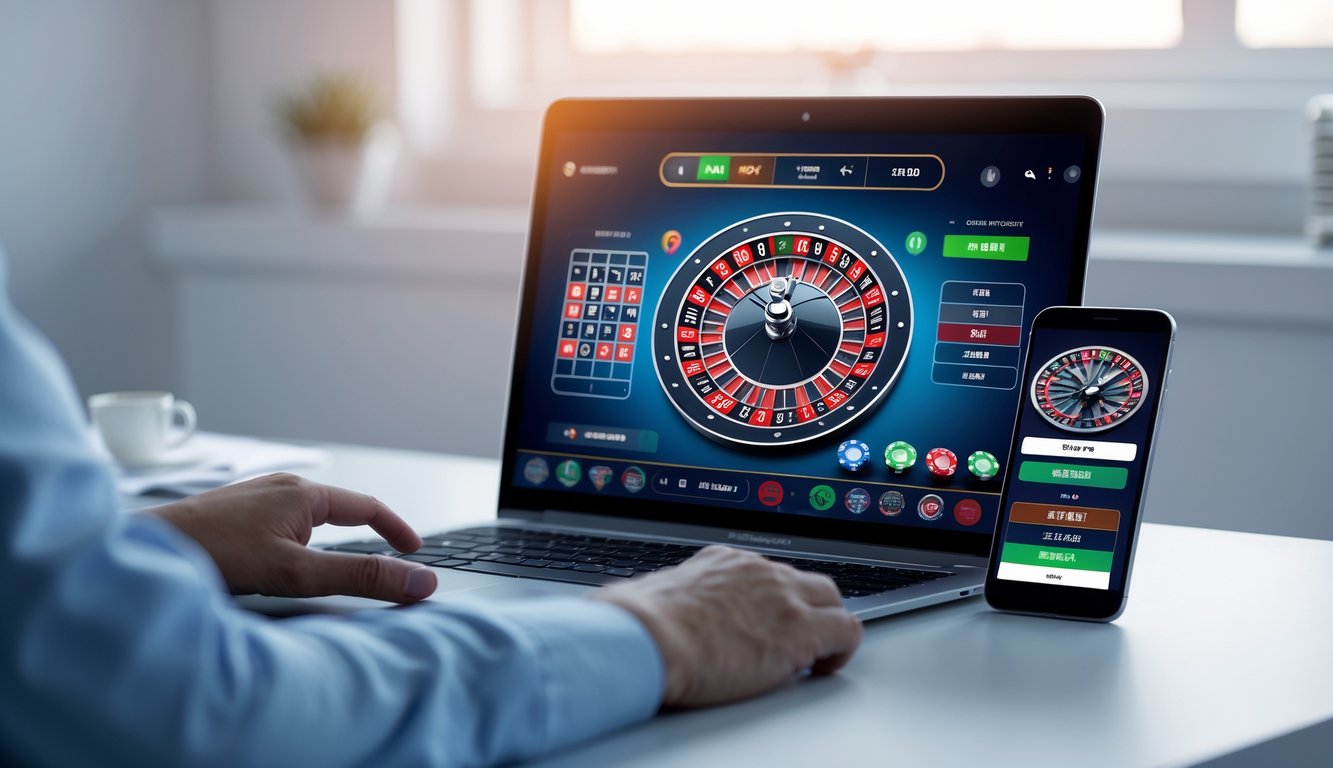 Sebuah laptop dan ponsel menampilkan permainan roulette online dengan chip dan roda roulette digital di atas meja.