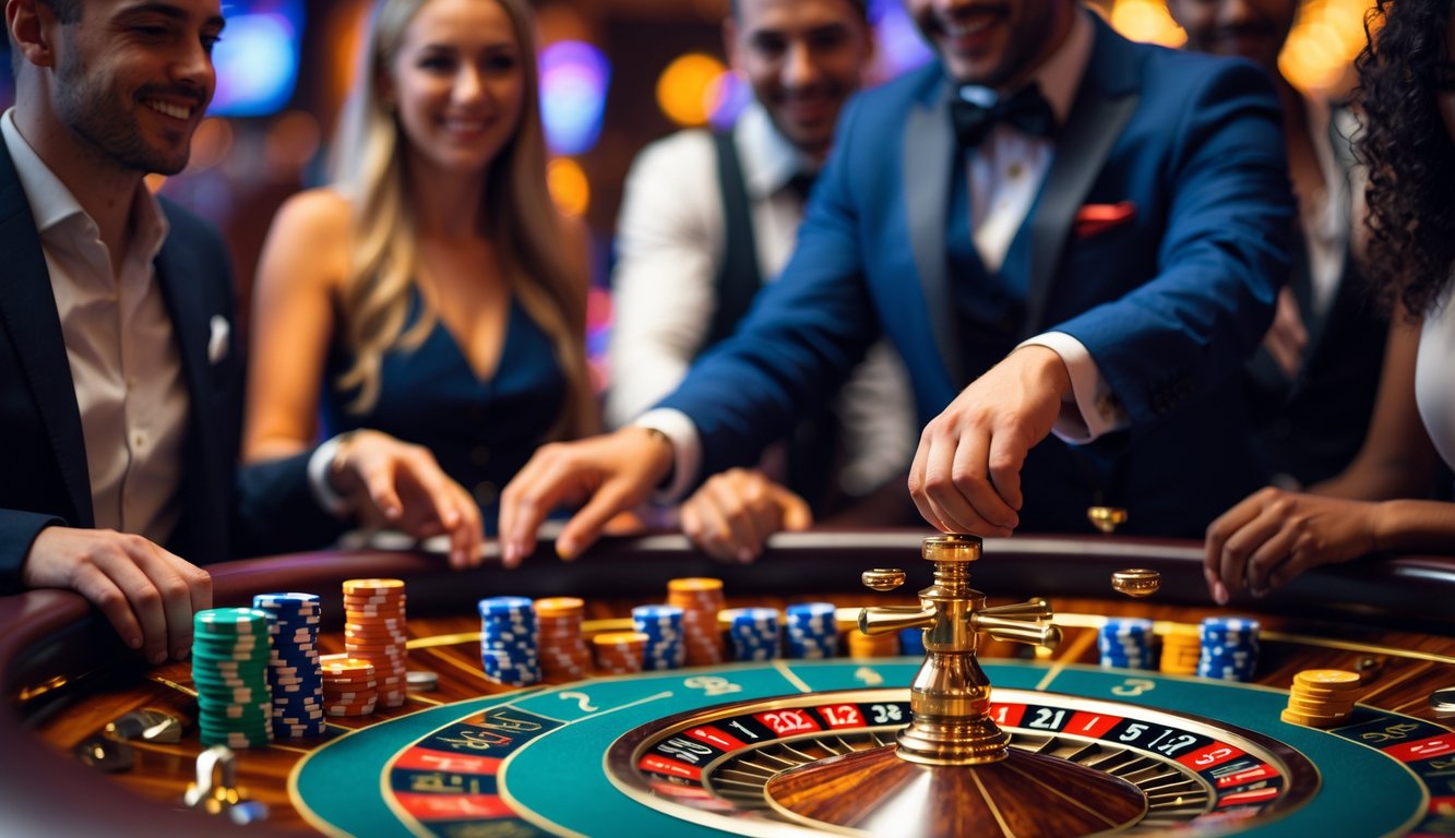 Meja roulette langsung dengan pemain yang serius dan dealer yang sedang memutar roda roulette di kasino.