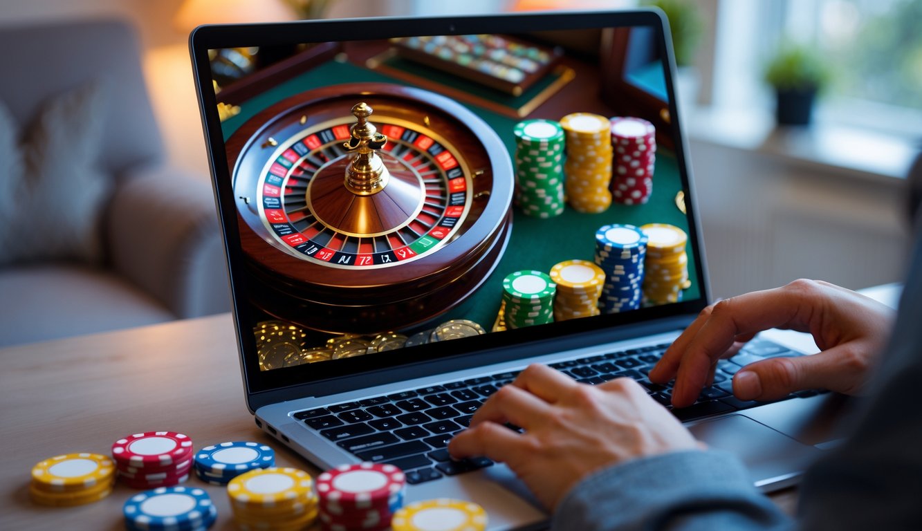 Seseorang menggunakan laptop dengan tampilan roda roulette dan tumpukan chip di meja dalam suasana ruang kerja yang nyaman.
