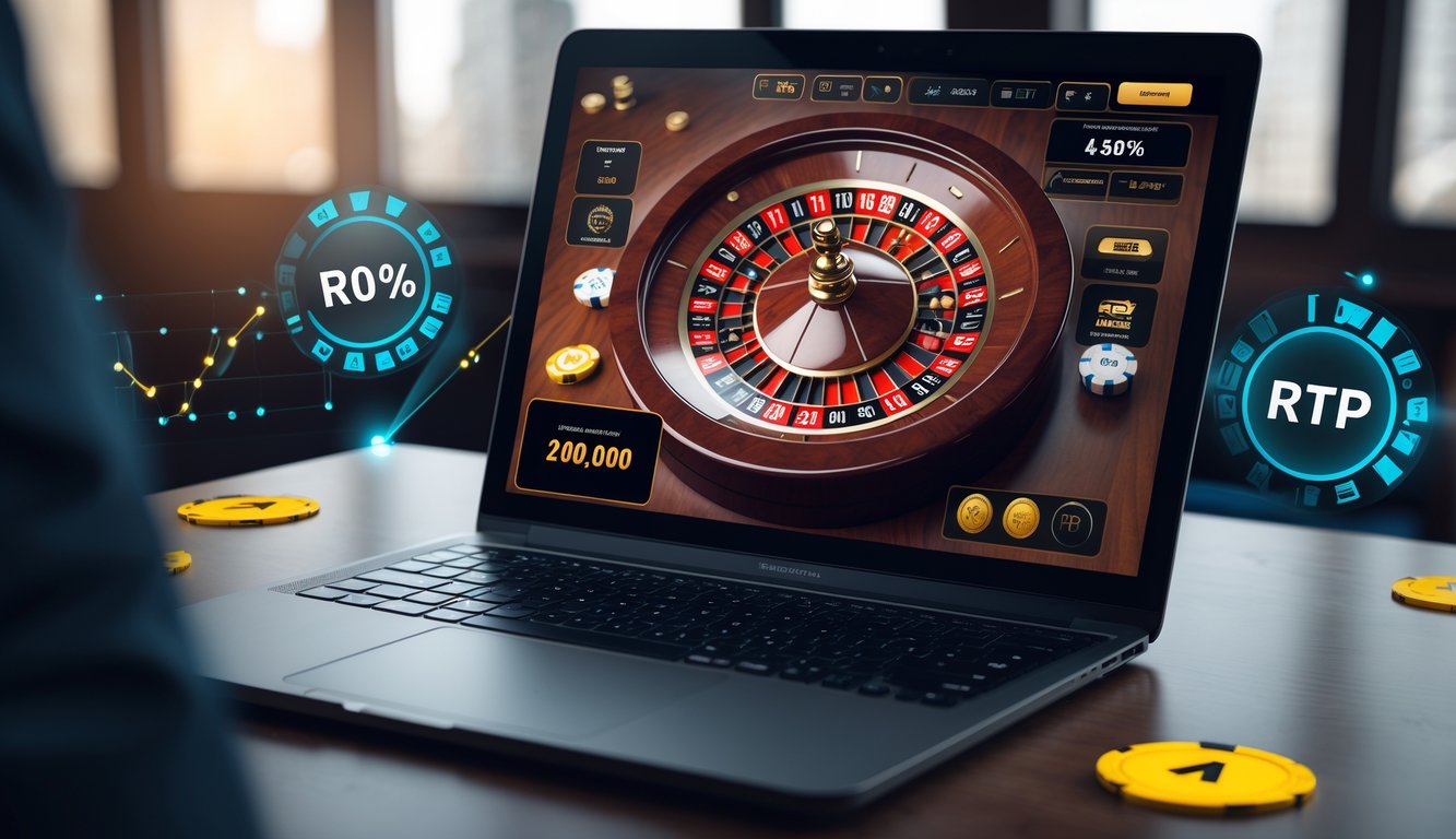 Layar laptop menampilkan permainan roulette online dengan roda roulette berwarna merah dan hitam, diletakkan di atas meja kayu dengan pencahayaan lembut.
