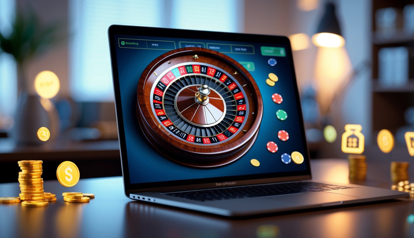 Layar laptop menampilkan permainan roulette online dengan roda roulette berwarna merah dan hitam, dikelilingi ikon koin dan hadiah digital di meja kerja modern.