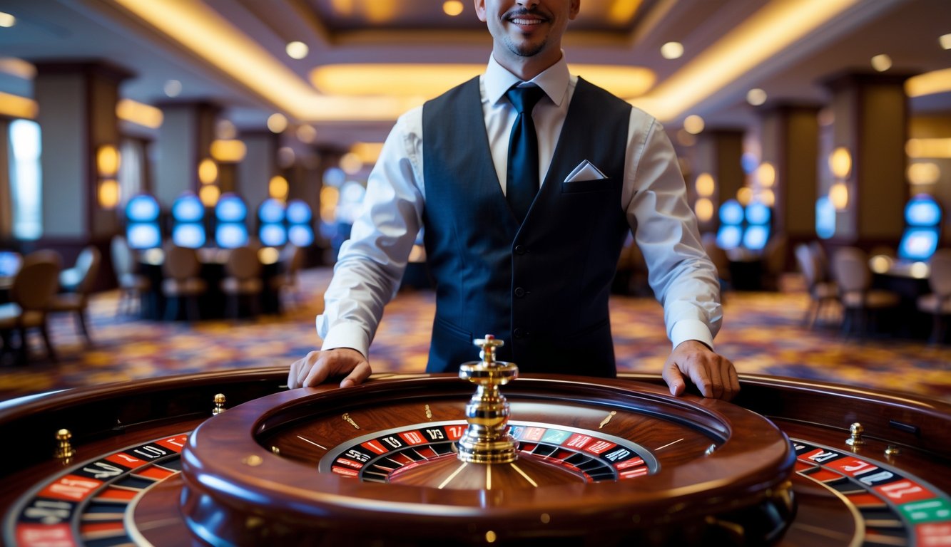 Seorang dealer profesional sedang mengelola permainan roulette langsung di meja kasino dengan roda roulette yang berputar.