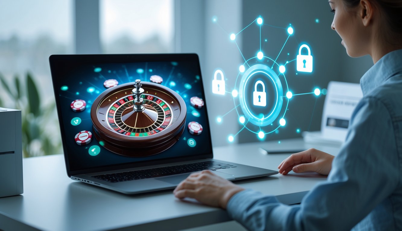 Sebuah laptop menampilkan roda roulette yang berputar di layar dengan ikon keamanan di sekitarnya di dalam ruang kerja yang rapi.