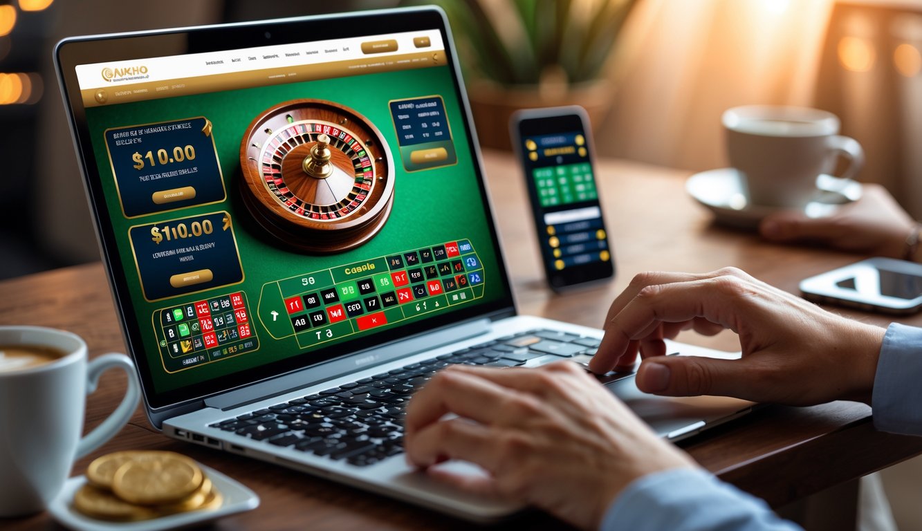 Seseorang menggunakan komputer dengan tampilan roda roulette online di layar, suasana santai dengan secangkir kopi dan ponsel di meja.