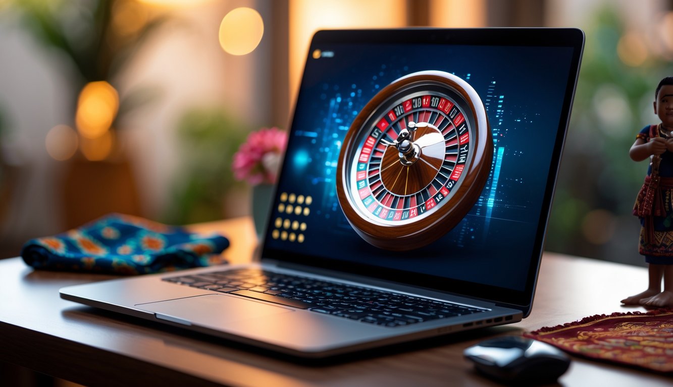 Seorang pengguna sedang melihat roda roulette digital yang berputar di layar laptop dengan elemen budaya Indonesia di meja.