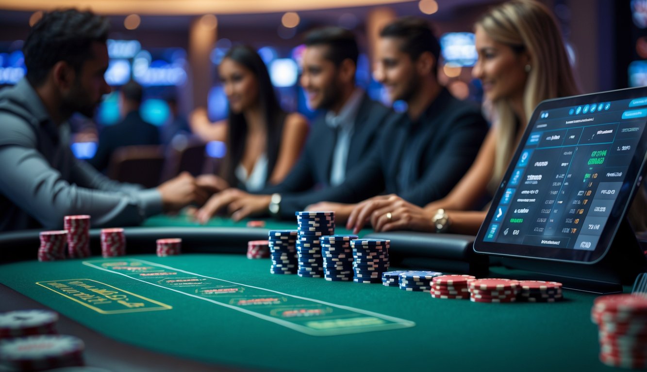 Meja poker dengan chip dan kartu di kasino modern dengan pemain fokus bermain.