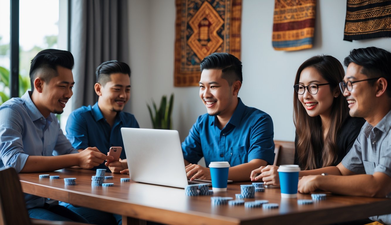 Sekelompok orang sedang bermain poker online menggunakan laptop dan ponsel di sebuah ruangan modern dengan meja kayu dan perlengkapan poker.