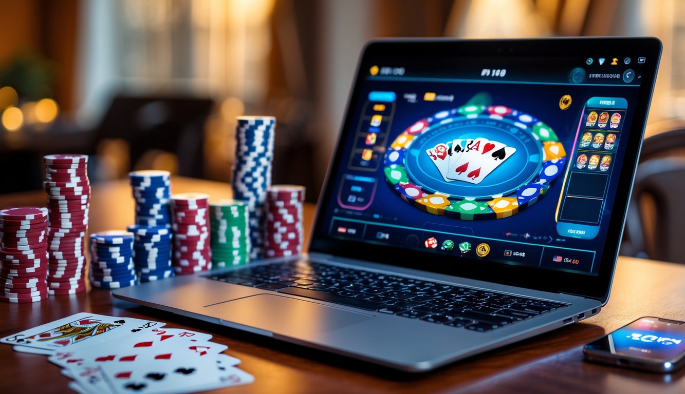Meja dengan laptop, kartu remi, dan chip poker yang menunjukkan permainan poker online.