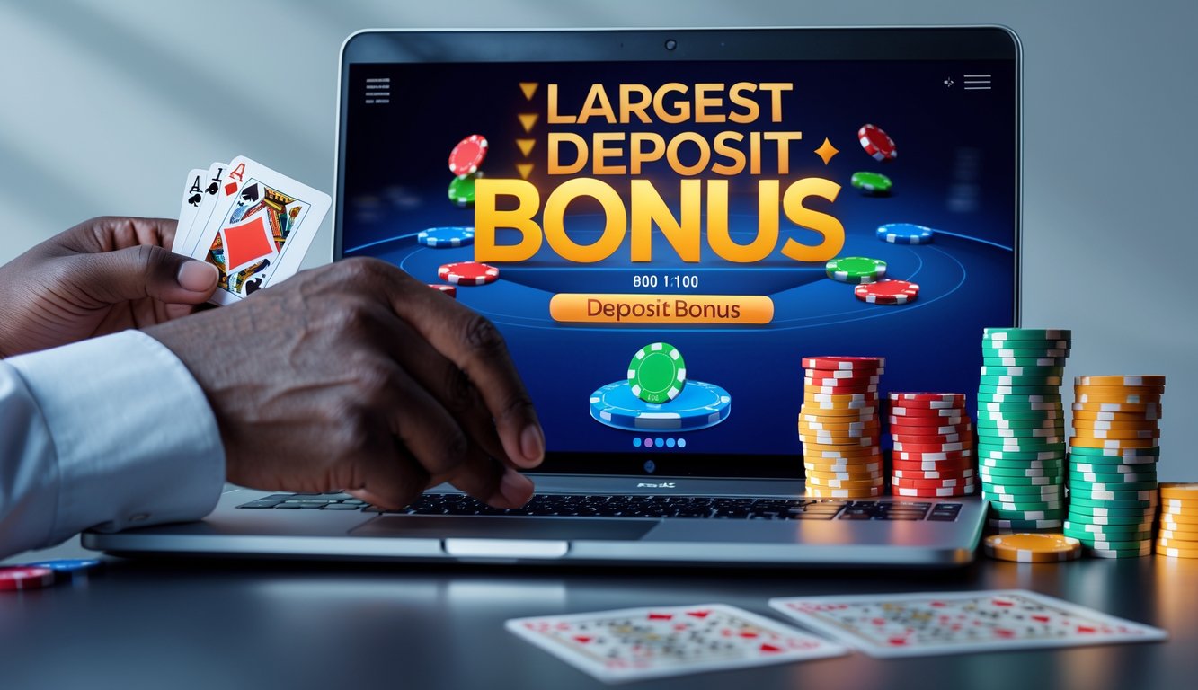 Tangan seseorang bermain poker online di depan komputer dengan tumpukan chip poker di meja.