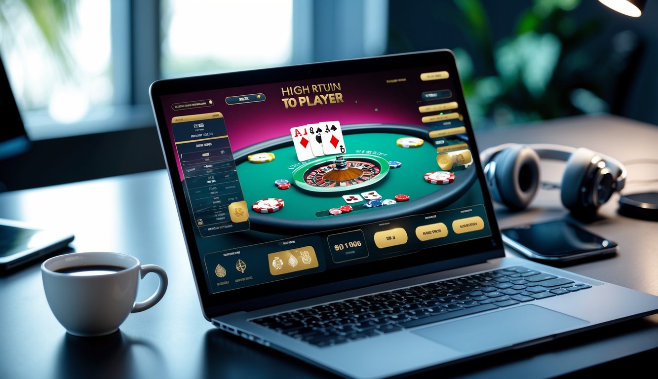 Seorang pemain sedang bermain poker online di depan komputer dengan tampilan permainan poker yang jelas dan chip poker di meja kerja.