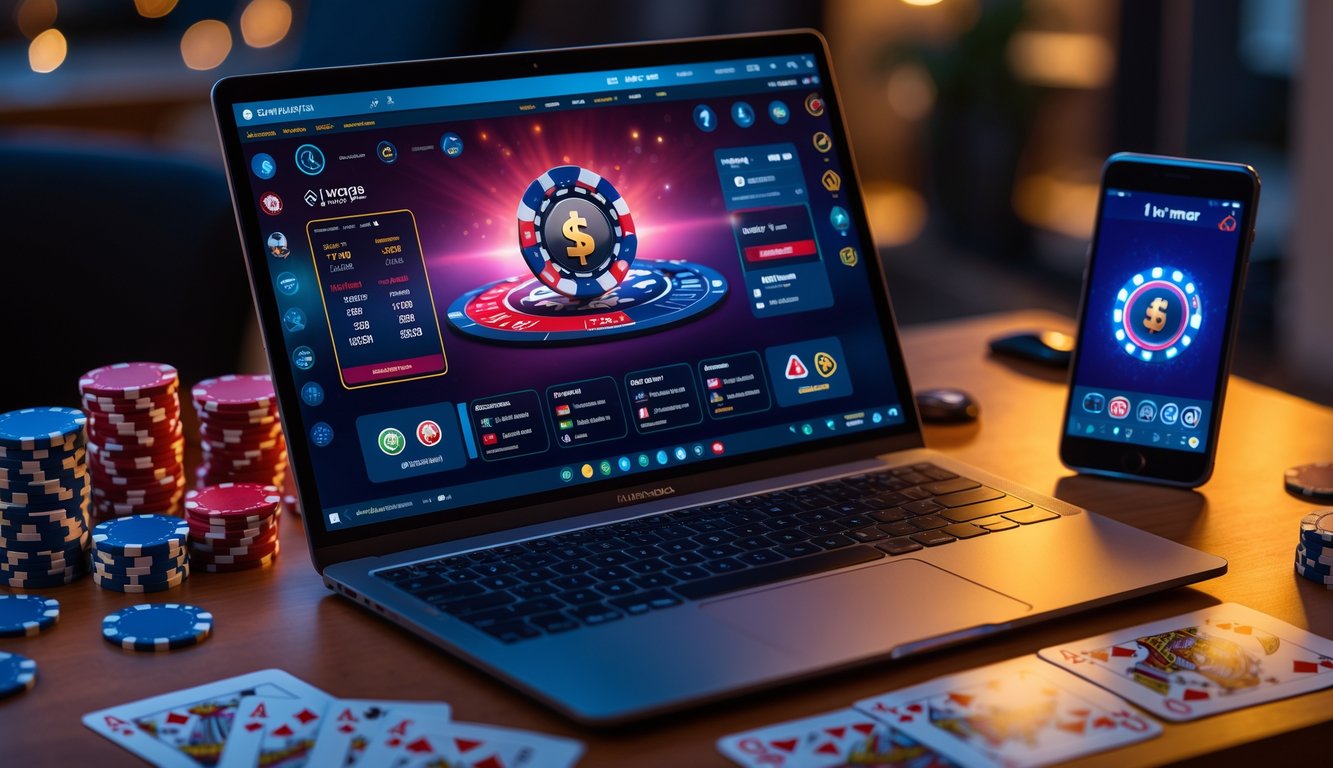 Meja kerja modern dengan laptop yang menampilkan permainan poker online, dikelilingi oleh chip poker dan kartu remi.